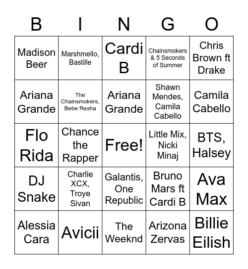 Top 40- Artist Bingo Card