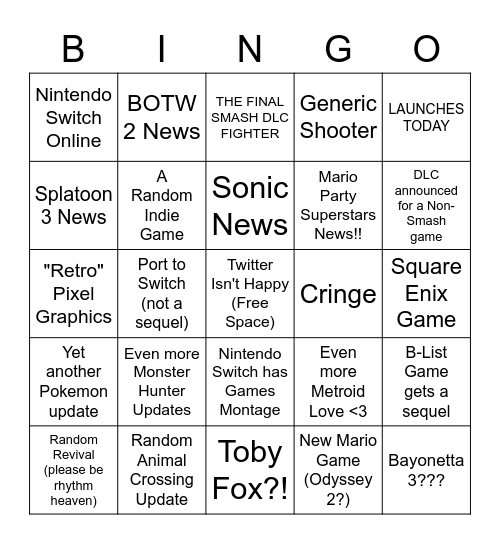 NINTENDO DIRECT 9/23 BABY Bingo Card