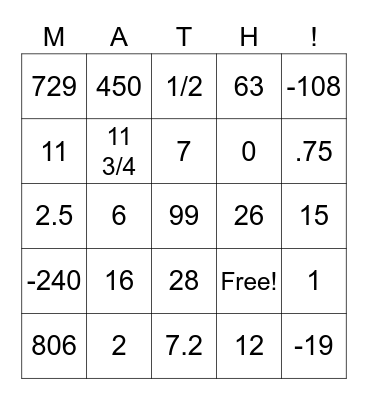 MATH Bingo Card