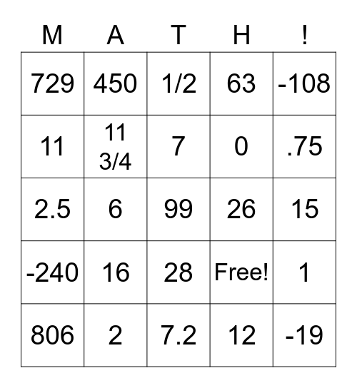 MATH Bingo Card