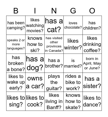 Ask a question bingo Card