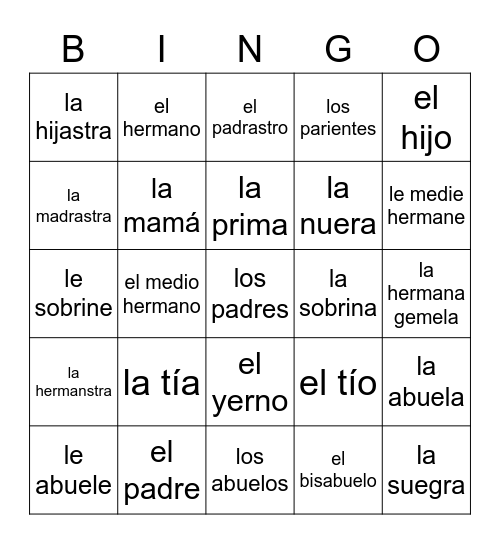 La familia Bingo Card