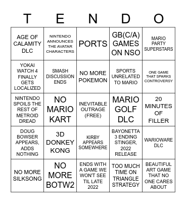 NINTENDO DIRECT Bingo Card