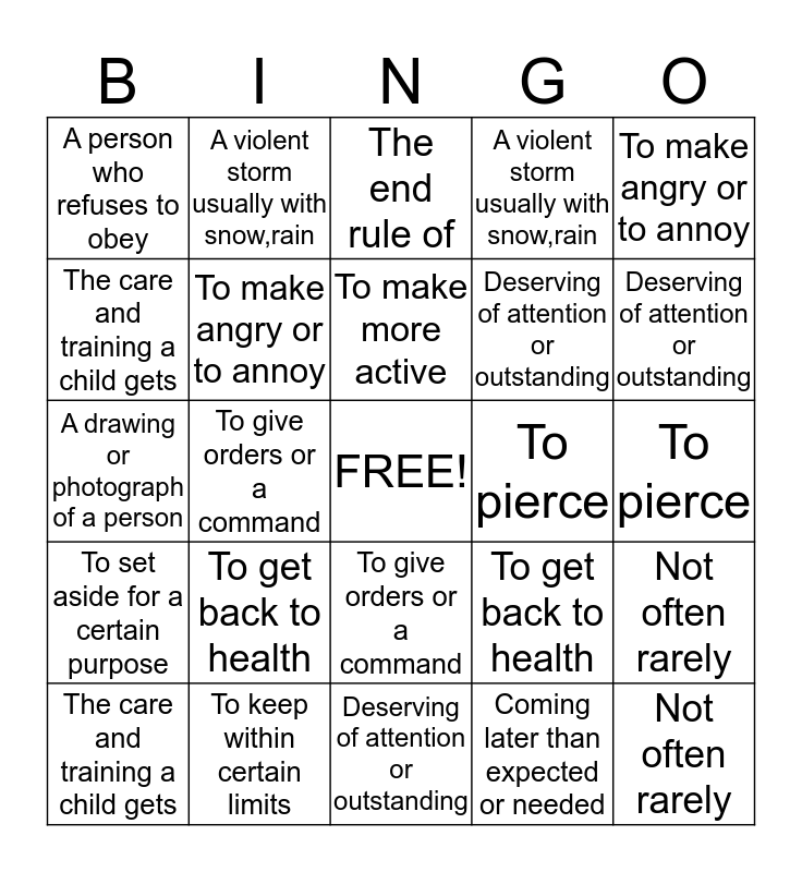 vocabulary Lesson 12 Bingo Card