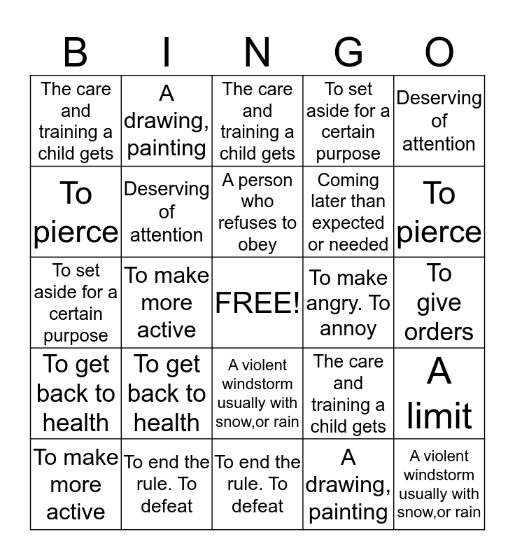 Vocabulary Lesson 12 Bingo Card