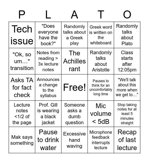 Ancient Greek Philosophy Bingo Card