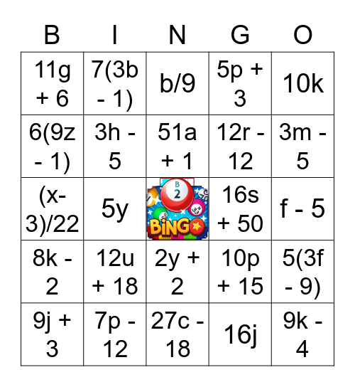 Algebraic Expressions Bingo Card