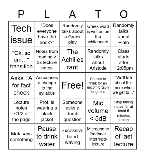 Ancient Greek Philosophy Bingo Card