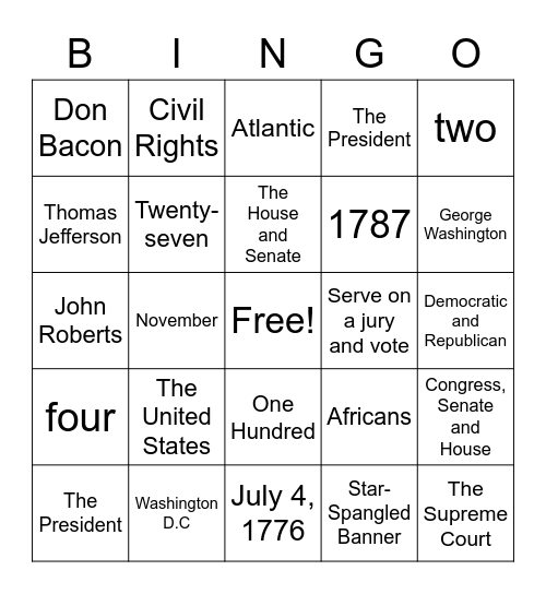 Citizenship Bingo Card