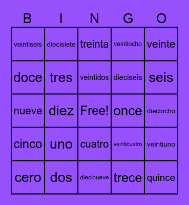 Spanish #'s Bingo Card