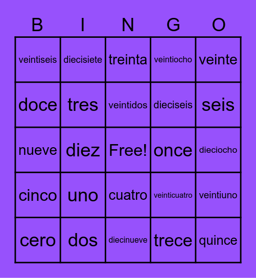 Spanish #'s Bingo Card