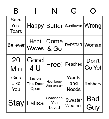 Pop Song Bingo Card
