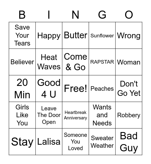 Pop Song Bingo Card