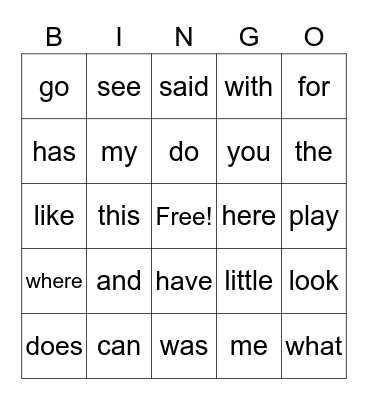sight words K Bingo Card