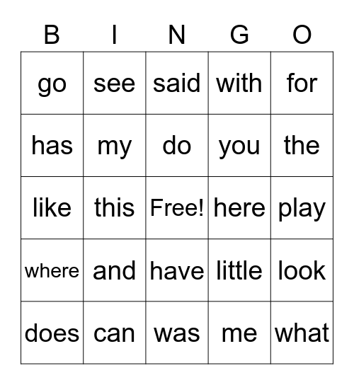 sight words K Bingo Card