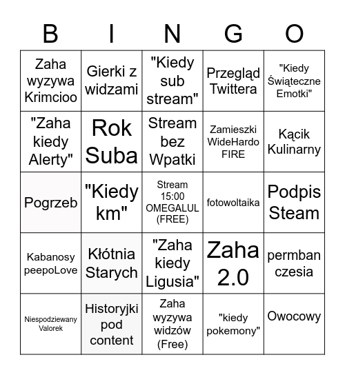 Bingo Streamowe Bingo Card