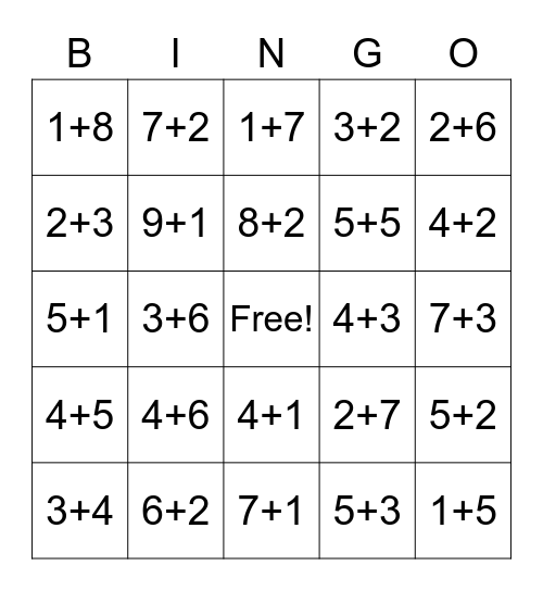 Number Partner Bingo Card