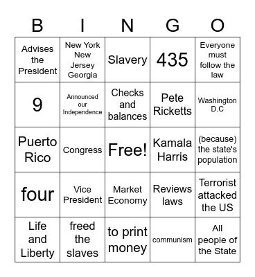 Citizenship Bingo Card