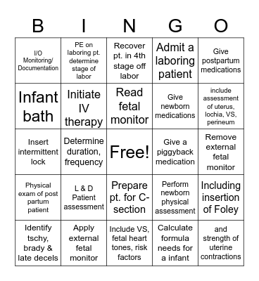 L and D/Neonatal Bingo Card