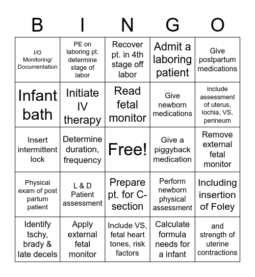 L and D/Neonatal Bingo Card