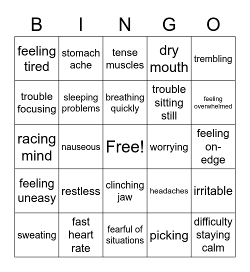 Anxiety Bingo Card