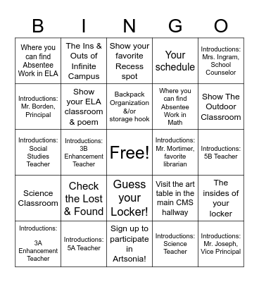CMS 6th Grade Open House Bingo Card