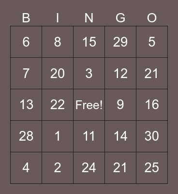 Numbers in Spanish Bingo Card