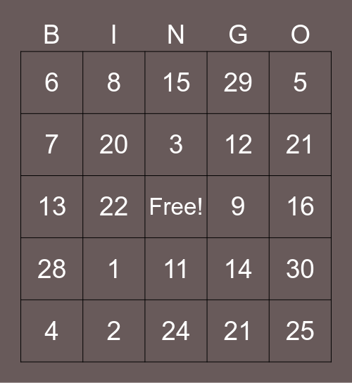 Numbers in Spanish Bingo Card