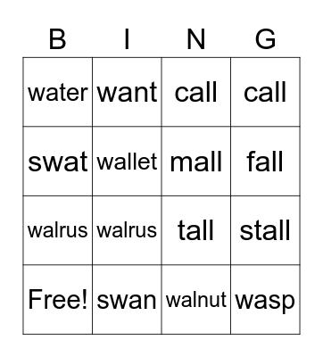 al   and  wa    Words Bingo Card