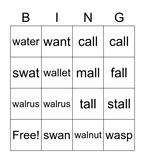 al   and  wa    Words Bingo Card