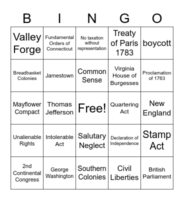 Colonial & Revolutionary Bingo Card