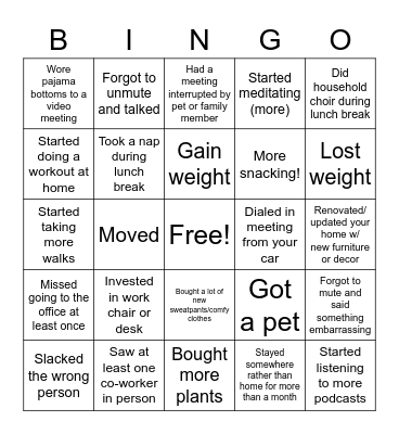 Bingo - WFH Situations Bingo Card