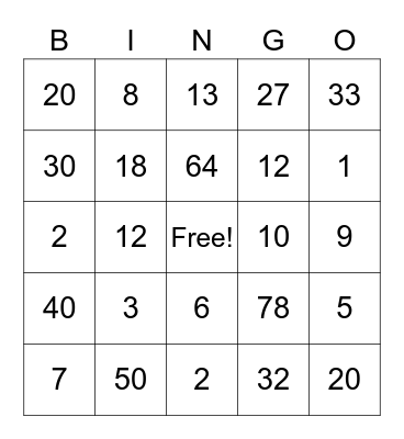 Pre Algebra Bingo Card