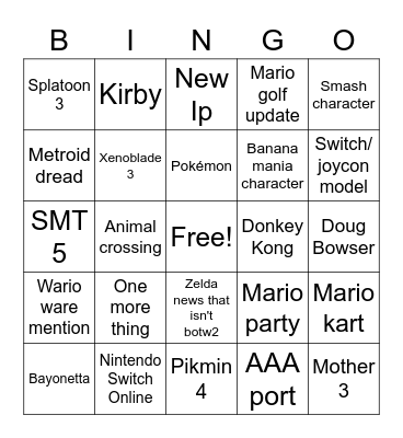 Nintendo direct Fall 2021 Bingo Card