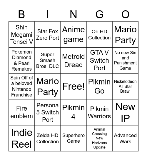 Nintendo Direct September 23rd Bingo Card