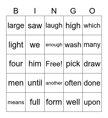 Sight Words Bingo Card