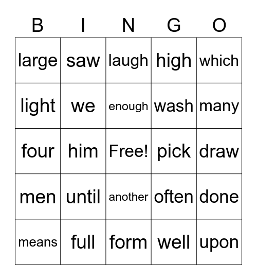 Sight Words Bingo Card