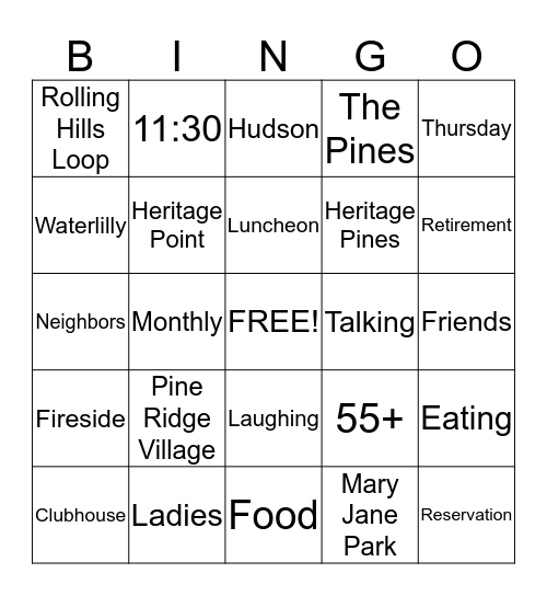 PINE RIDGE VILLAGE Bingo Card