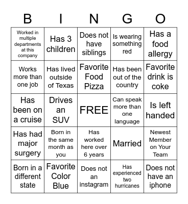 Find Someone Who Bingo Card