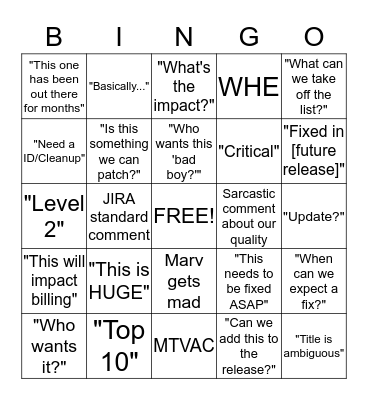 SCRUB Bingo Card