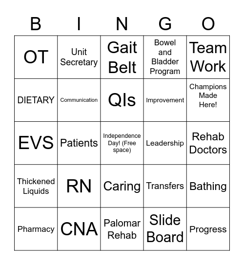 REHAB Bingo Card