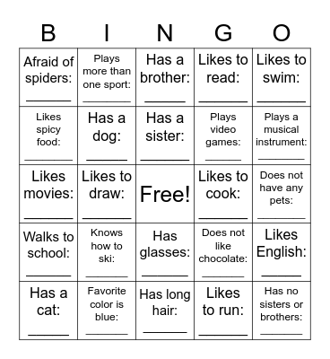 Get To Know Your Classmates Bingo Card