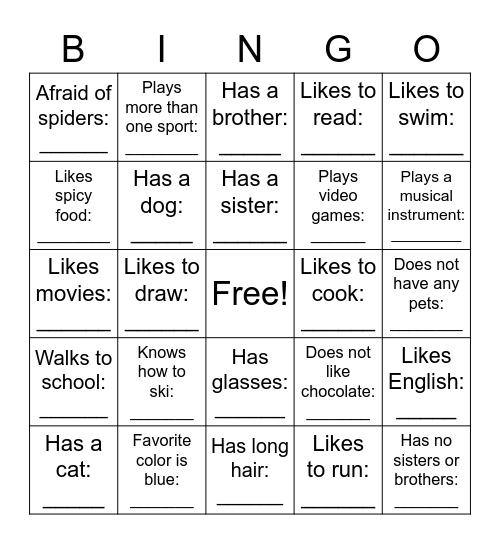 Get To Know Your Classmates Bingo Card