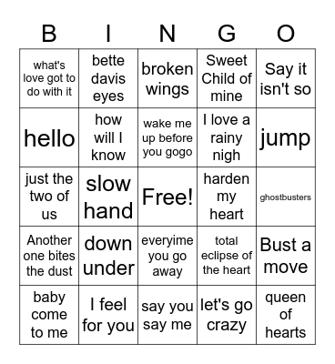 1980's Music Bingo Card