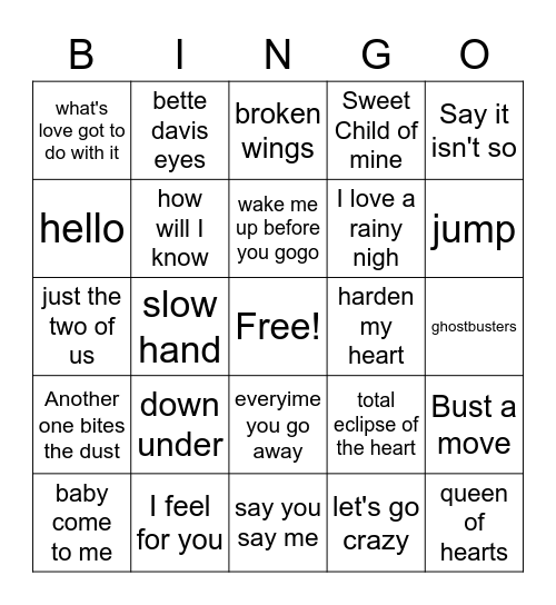 1980's Music Bingo Card