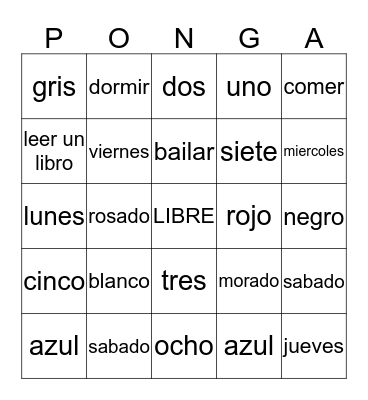 PONGA Bingo Card