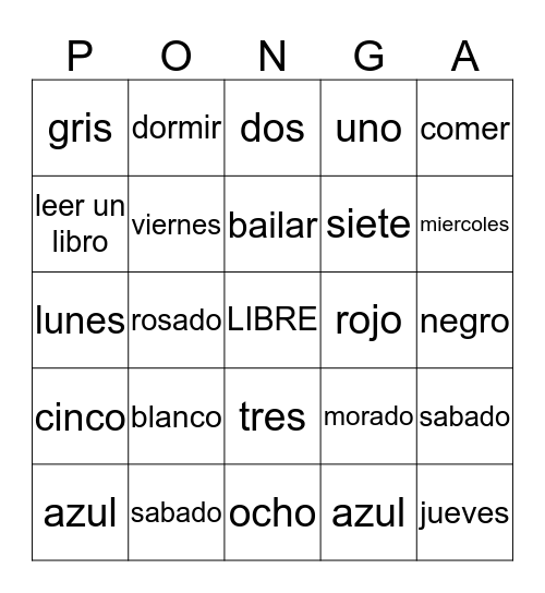 PONGA Bingo Card