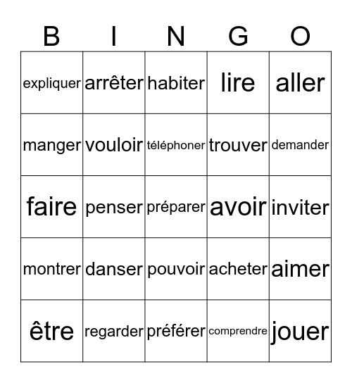 Les verbes Bingo Card