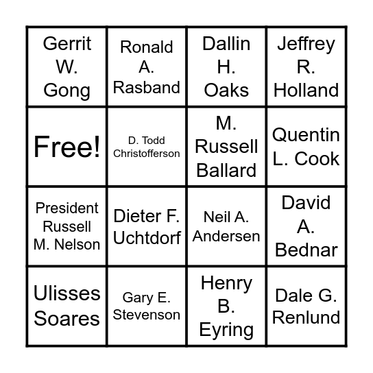 First Presidency and Apostles Bingo Card
