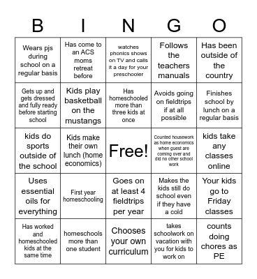 Home School Mom Bingo Card